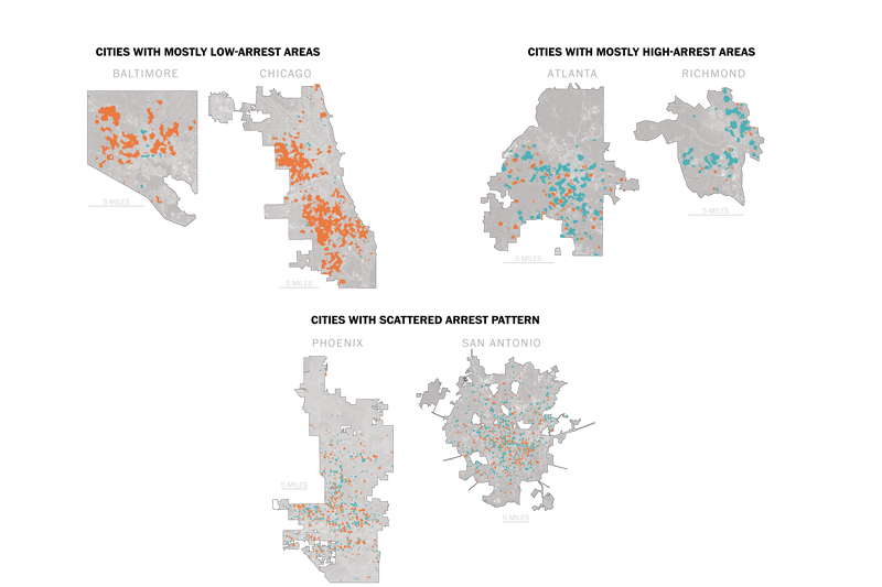 Areas with low arrest rate in red; with high arrest rate in green (Credit: The Washington Post)
